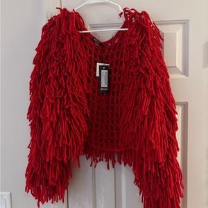 Nasty Gal Red Fringe Shag Knit Cardigan Sweater Size Small NWT